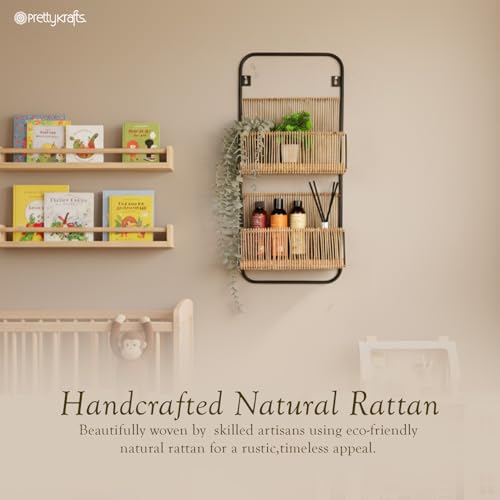 Image of PrettyKrafts 2 Tier Rattan Wall Shelf Storage Basket | Bathroom & Kitchen Organizer | Over-The-Door Natural Hanging Rack | Home Organization Storage Bins & Baskets | Size 30.48x10.16x66.04 Inch