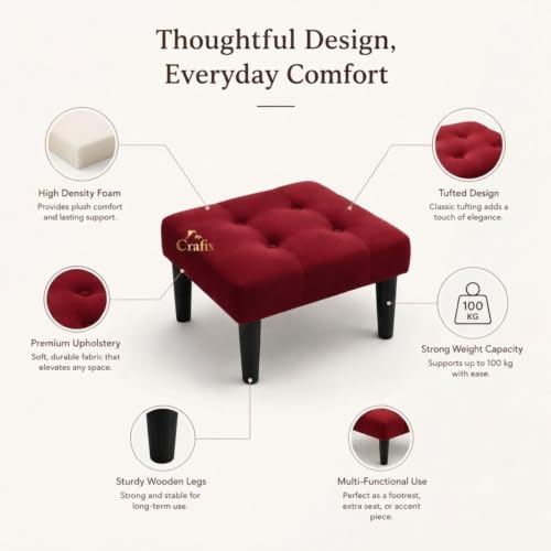 Image of Upholstered Foot Rest Ottoman Stool with Wooden Legs, Tufted Footstool for Living Room, Bedroom, Makeup Vanity, Entryway, Comfortable Footrest Bench, Modern Accent Ottoman (Red)
