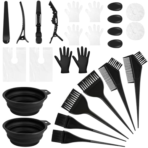 LOPHE 26PCS Outil Ensemble de Coloration des Cheveux,avec Peigne Coloration,Bol de Teinture,Protecteurs D'oreilles,Gants, Bonnet de Douche,Châle Pince à Cheveux pour Salon Coiffure Usage Domestique