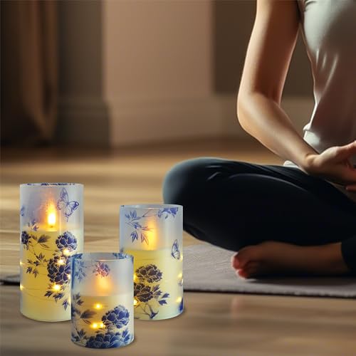 Image of Flameless Candles with String Lights - Set of 3 Chinoiserie Battery Operated Candle Flickering Floral LED Pillar Candles with Timer Remote for Home Decor Romantic Ambiance