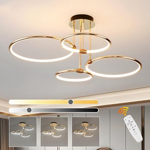 WayLuoung 4 Anneaux Ronds Plafonnier Led Doré, Lustre Ø75cm | 85W À Intensité Variable, Suspension Créative En Métal Électrolytique, Lampe Moderne Pour...