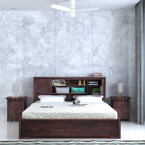 Image of Ganpati Arts Maharaja Groove Solid Sheesham Wood Queen Size Bed with Hydraulic Box and Headboard Storage Wooden Double Bed Cot Palang Furniture for Bedroom Living Room Home (Walnut Finish)