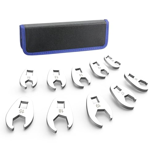 3/8' Drive Flare Nut Crowfoot Wrench Set with Storage Pouch, Metric 10 Piece Cr-V Steel + Ni-Cr Plating 5 Point Grip Flare Nut Crow Foot Tool Set, 10-19 mm Crowfoot Wrench for Tight Spaces Car Repair
