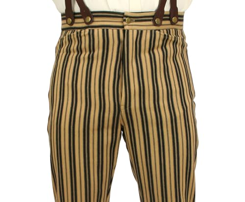 Historical Emporium Men's High Waist Placerville Cotton Striped Trousers, Victorian Western Pants with Suspender Buttons2