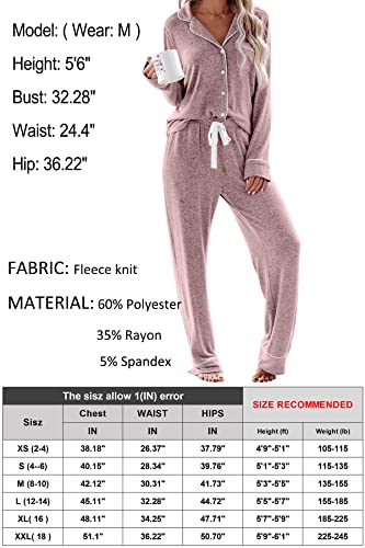 Aamikast Women's Two-Piece Classic Knit Pajama Sets Long Sleeve Button Down Sleepwear (M, Pink) #TOP5