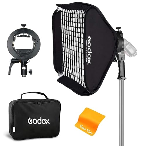 Godox Softbox 32'x32' Soft Light Modifier Box with Grid, S2 Type Flash Bracket Bowens Mount Holder for Studio Flash Speedlight Photography, Compatible with Godox V1 V860 TT685 TT600 AD200 AD300