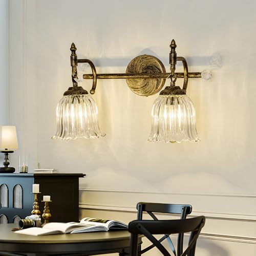 Image of CVKASH 2-Light Bathroom Vanity Light Fixtures Over Mirror,Bronze Modern Vanity Light with Glass Shade Vintage Wall Sconce for Bedroom Dressing Room Living Room Hallway Cabinet