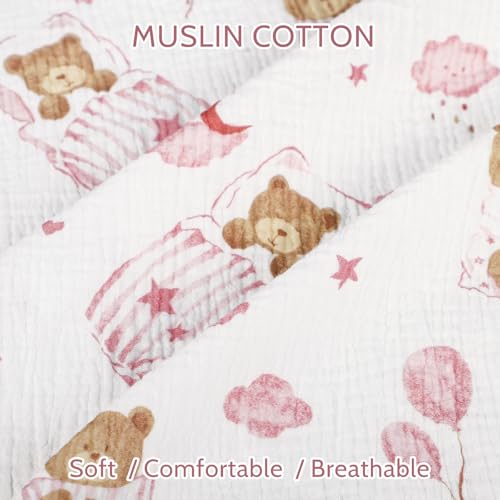 Image of Car Seat Cover Baby Girls Boys, Summer Cotton Baby Car Seat Cover for Carseat, Comfortable Muslin Nursing Cover, Soft Baby Blanket, Breathable Lightweight Infant Stroller Canopy, Pink Bear