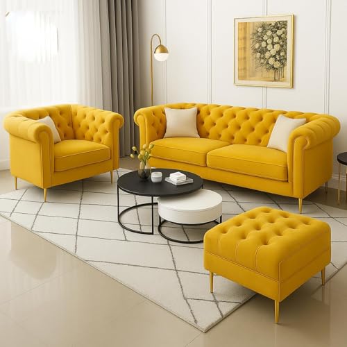 Image of Classic 3+1= 4 Seater with Footrest Seater Sofa Set Luxury Chesterfield Modern Fahionalable Sleeper Sofa for Living Room, Dining Room, (Yellow A1)