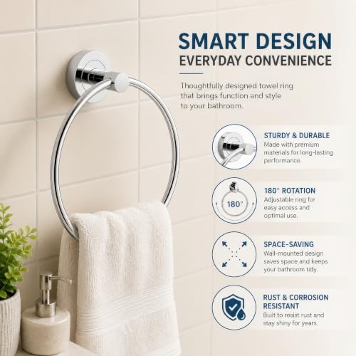 Image of Amazon Basics Stainless Steel Towel Ring for Bathroom | Towel Holder for Wash Basin | Hand Towel Hanger | Wall Mounted Towel Holder | Rustproof Towel Hanger for Washbasin