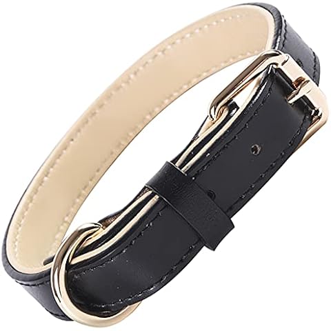 Genuine Leather Dog Collar Soft Padded Collars for Large Medium Small Breed Dogs (S)Black Cover