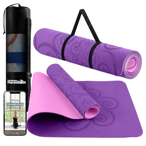 LA MENTE ES MARAVILLOSA - Esterilla de Yoga, Pilates y Fitness【E-Book, Bolsa y Correa de Hombro】Colchoneta Antideslizante TPE para Deportes, Gimnasio en Casa | 183x61 cm (Espiral, Morado/Rosa)