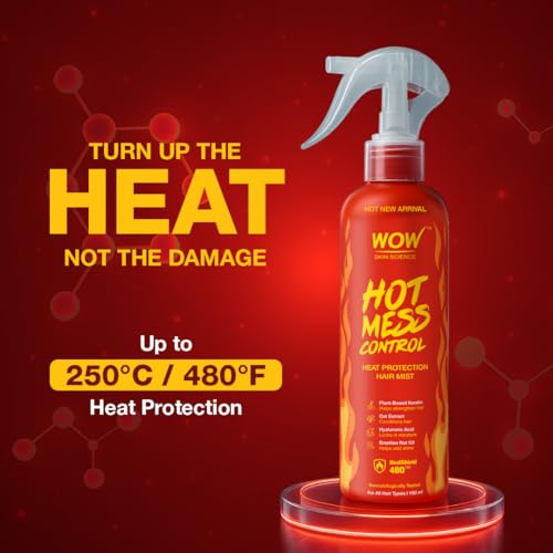 Image of WOW Skin Science Hot Mess Control Heat Protection Mist | 480F HeatShield Styling Spray | Anti-Frizz, Non-Sticky Shine & Style Memory | With Brazilian Nut Oil, Plant-Based Keratin, Oat Extract & Hyaluronic Acid | 150ml