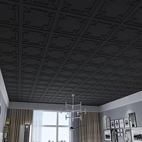 Image of Art3d Decorative Drop Ceiling Tile 2'x2', Glue-up 3D Textured Ceiling Panel, Plastic Sheet in Black(12 Pack)