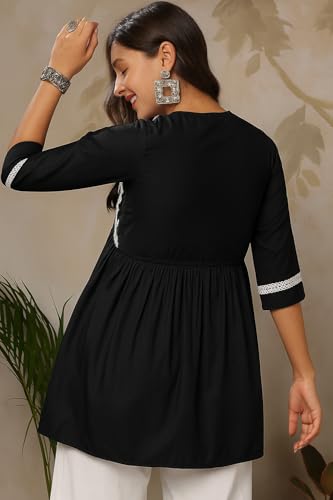 Image of MAHIRA'S Women's Short Kurti, Black Rayon Tunic Top with Embroidered Sleeves, 3 /4 Designer Sleeves