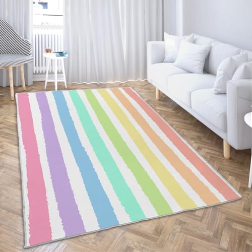 Image of LOKMU Non-Slip Area Rugs Watercolor Pastel Brush Strokes Striped Blue Rainbow Pattern Abstract Home Decor Rugs Carpet for Classroom Living Room Bedroom Dining Kindergarten Room 3'x5'