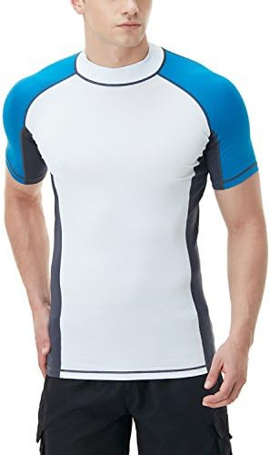 TSLA Men's Rash Guard Swim Shirts, UPF 50+ Quick Dry Mid/Short Sleeve Swimming Shirt, UV/SPF Water Surf Shirts, Short Sleeve Guard White & Blue, Large