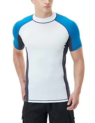 Tsla Men's Rash Guard Swim Shirts, Upf 50+ Quick Dry Mid/Short Sleeve Swimming Shirt, Uv/Spf Water Surf Shirts, Short Sleeve Guard White & Blue, Large #TOP7