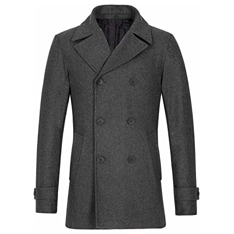 ThCreasa Mens Classic Double Breasted Pea Coat Wool Blend Quilted Lined Notched Collar Overcoat Trench Coat Grey M Cover