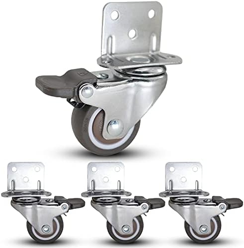 Casoter 1.25"(32mm) L-Shaped Plate Swivel Caster w/Brake, 5 Holes L-Clip Side Mount Plate for Narrow Install Place, TPE Rubber Wheel Move Silent Smooth Sturdy, 4 Pack Total Load Capacity 113Lbs/52Kg