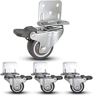 Casoter 1.25"(32mm) L-Shaped Plate Swivel Caster w/Brake, 5 Holes L-Clip Side Mount Plate for Narrow Install Place, TPE Rubber Wheel Move Silent Smooth Sturdy, 4 Pack Total Load Capacity 113Lbs/52Kg