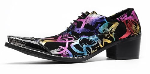 Santimon Mens Pointed Toe Lace Up Dress Shoes with Metal Tip – Western Formal Oxfords with Colorful Pattern, Snake Print & Graffiti Design – Stylish Party Stage Prom Shoes2