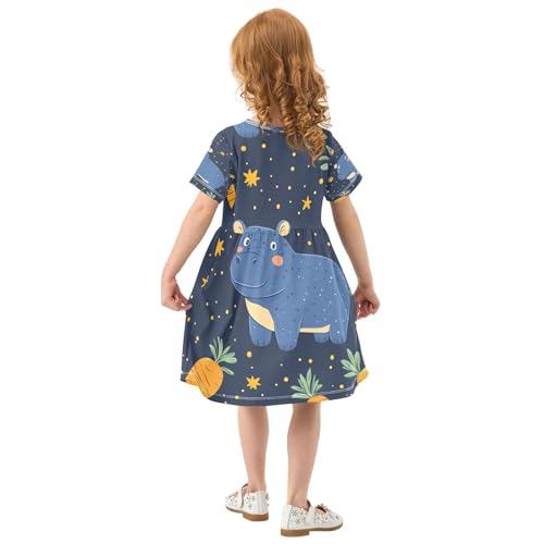 Girls Summer Dress Short Sleeve A Line Blue Hippo Orange Carrots Casual Dresses for Kids 2-8 Years2