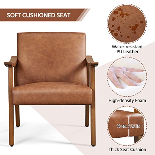 Yaheetech Pu Leather Accent Chair, Mid-Century Modern Armchair With Solid Wood Legs, Reading Leisure Chair With High Back For Living Room Bedroom Waiting Room, Light Brown 1 #TOP7