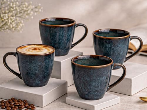 Image of Bodhi House Handcrafted Ceramic Coffee Mug Set of 4 Pieces (350 Ml), Stoneware Tea Cup, Microwave Safe Large Milk Mug, Glossy Finish, Ideal for Daily use, Casual Gatherings and Gifting, Greenish Blue