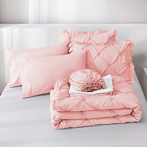 JOLLYVOGUE King Size Comforter Set 7 Pieces, Pink Bed in a Bag Comforter Set for Bedroom, Beddding Sets with Comforter, Sheets,Ruffled Shams & Pillowcases