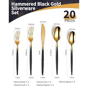 20 Piece Hammered Black Gold Silverware Set1810 Stainless Steel Forging Heavy Duty Cutlery Set for 4 Luxury Unique Flatware SetSpoons and Forks SetMirror PolishedDishwasher Safe