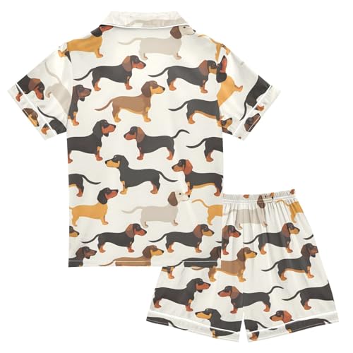 ALAZA Dachshund Dog Cartoon Stylish Satin Pajamas Set Short Sleeve Button Down Sleepwear Summer Pjs 2 Piece2