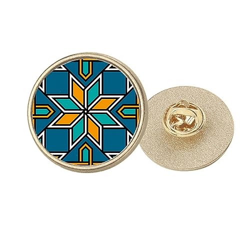 Broche ronde en métal doré fleur marocaine bleue orange taille M