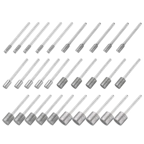uxcell Diamond Grinding Burrs Drill Bit 1/8 Inch Shank 4/5/6/8/10/12mm Dia Cylindrical Diamond Mounted Points Bit for Carving Polishing Jade Jewelry Amber Stone Beeswax Glass 1 Set