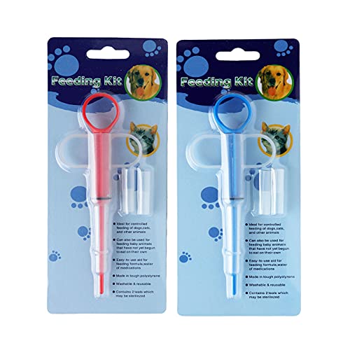 HRASY 2 unidades de dispensador de pastillas de plástico para mascotas, dispensador de pastillas, jeringa para medicina, comedero para gatos y perros (rojo y azul) Cover