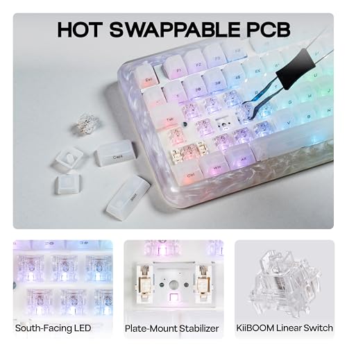 Image of KiiBoom Jade75 75% Resin Molding Mechanical Keyboard, BT5.0 /USB-C /2.4GHz Wireless Gaming Keyboard, QMK&VIA Programmable, RGB Backlits, Hot-Swappable, CNC+UV Case for Windows /Mac /Linux (White)