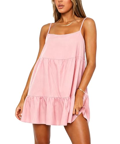 Image of Babydoll Dress for Women Spaghetti Strap Swing Dresses Sleeveless Short Flowy Dress Summer Loose Sundress