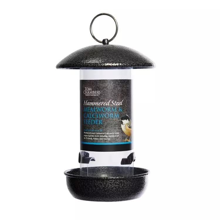 Tom Chambers Black Hammered Steel Mealworms & Calciworm Hanging Bird Feeder, Garden Birds, Feeding Station for Small Birds, Easy Fill Durable Metal