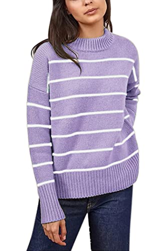 Image of Women's Sweaters Casual Long Sleeve Mock Neck Drop Shoulder Tunic Striped Pullover Knit Sweater Tops