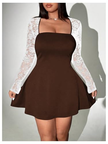 Image of Floerns Women's Plus Size Contrast Lace Sheer Long Sleeve A Line Dress Square Neck Mini Dresses