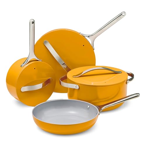 Caraway Non-stick Ceramic Cookware Set (12 Piece) Pots, Pans, Lids and Kitchen Storage - PFAS & PFOA Free - Oven Safe Pan Set & Compatible with All Stovetops - Marigold