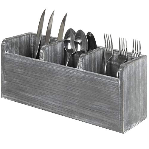 MyGift 3-Compartment Rustic Grey Wood Utensil Holder