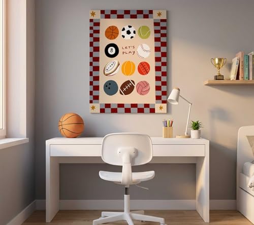 Image of Let's Play Sports Balls Canvas Wall Art, Funny Sports Nursery Painting Picture Wall Decor, Cute Boho Neutral Kids Playroom Poster Print Artwork, for Playroom, Nursery Home Decoration, 16x24in Framed