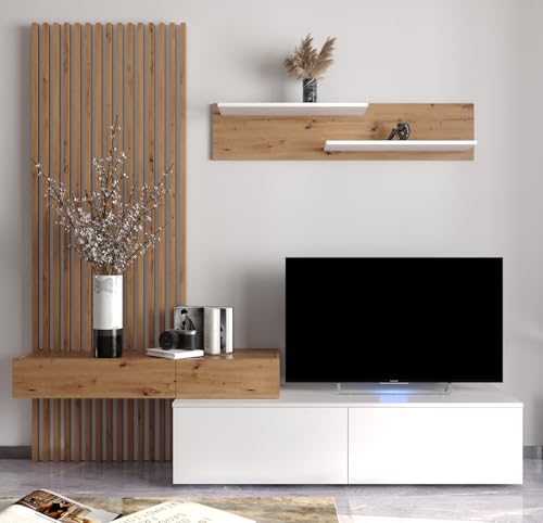 Homely - Mueble de Salón Modular Rebeka | Conjunto 2 Muebles de 209 cm.| Muebles Salón Completo | Mueble para Televisión + Mueble Bajo + Panel Decorativo + Estantería Alta | Color Blanco y Artisan