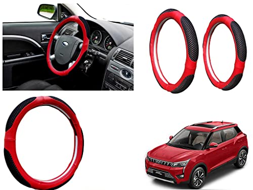 Image of Microfiber Car Steering Wheel Cover, Soft Padding Great Hand Feel, Anti-Slip, Faux Leather Steering Cover for Mahindra XUV 300 2019 | Black Red Jali - Pack of 1