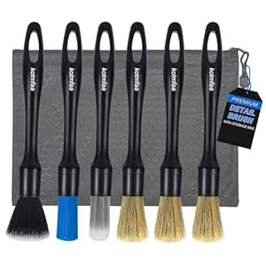 6x Car Detailing Brushes Set with Storage Bag, Professional Auto Detail Cleaning Brush Tool Kit – for Car Alloy Wheels, Emblems, Air Vents, Leather, Engine Bay, Interior & Exterior Wash Care