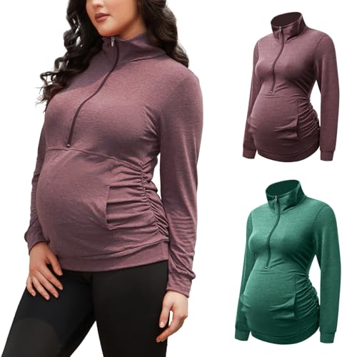 GINKANA Maternity Women's Long Sleeve Shirt Half Zipper Lapel Lightweight Casual Maternity Pullover with Pockets, Burgundy+green, Large