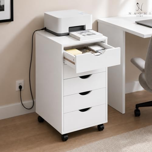 Image of Naomi Home Under Desk Office File Cabinet with 5 Drawers, Rolling Storage Organizer with Lockable Wheels, Handle-Free Design & Spacious Top Surface, Compatible Cabinet for Home Office - White