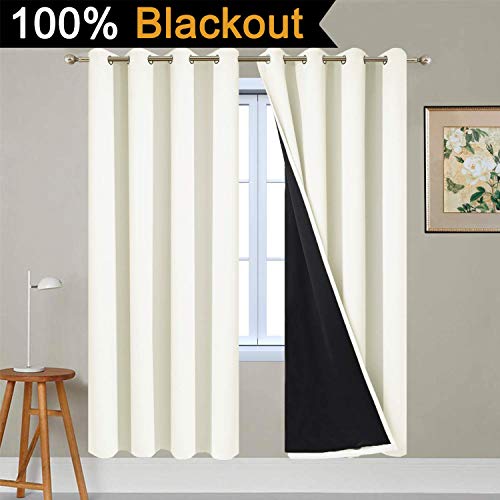 Image of Yakamok Cream 100% Blackout Curtains 72 Inches Long for Bedroom 52 inch Wide | Blackout Curtain Panels for Bedroom, 2 Thick Layers Grommet Top Thermal Insulated Drapes with Black Liner for Living Room