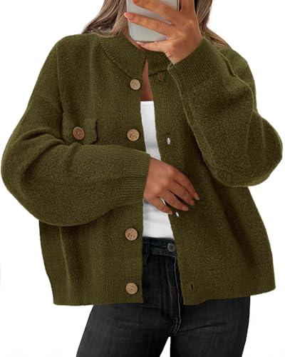 KIRUNDO Cardigans for Women Trendy Button Up Sweater Jackets Mock Neck Long Sleeve Loose Fit Chunky Knit Outwear Coats